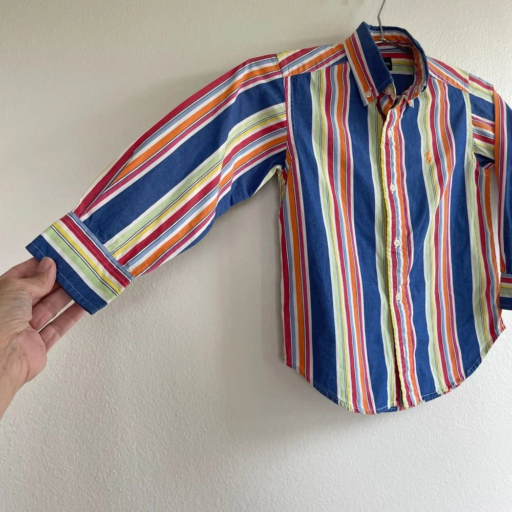 Ralph Lauren Button Down Shirt 5 Blue Multicolor Stripe Long Sleeve Cotton Polo